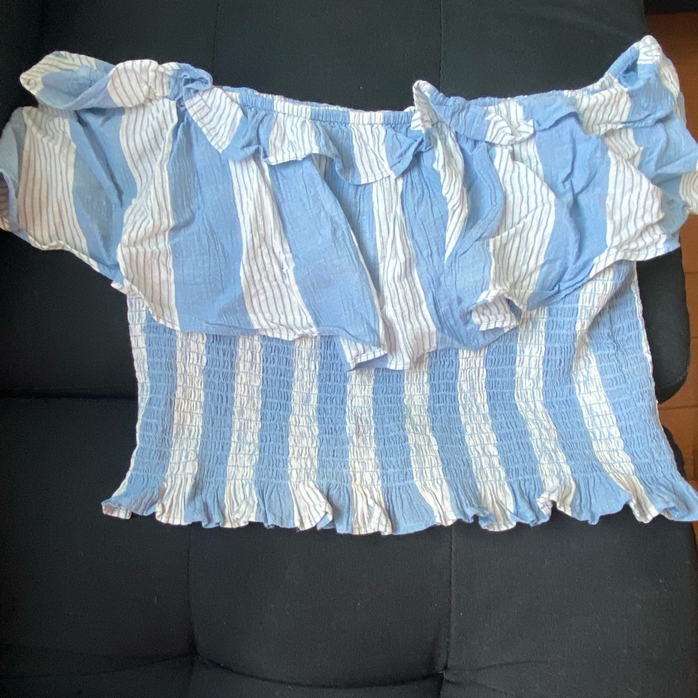 Blue and white off-shoulder crop top